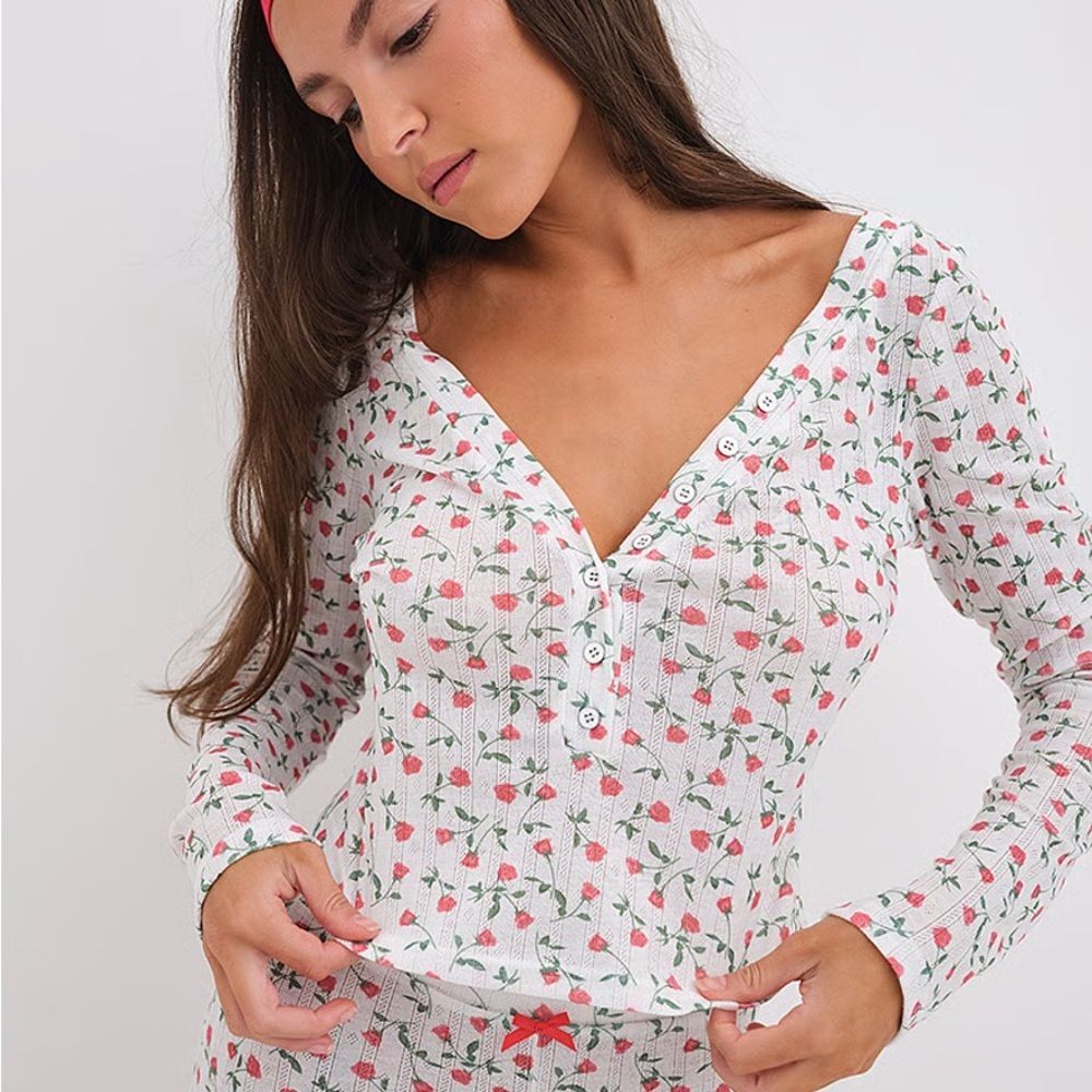For Love And Lemons Womens Pink Rose Floral Button Down Henley Shirt Medium